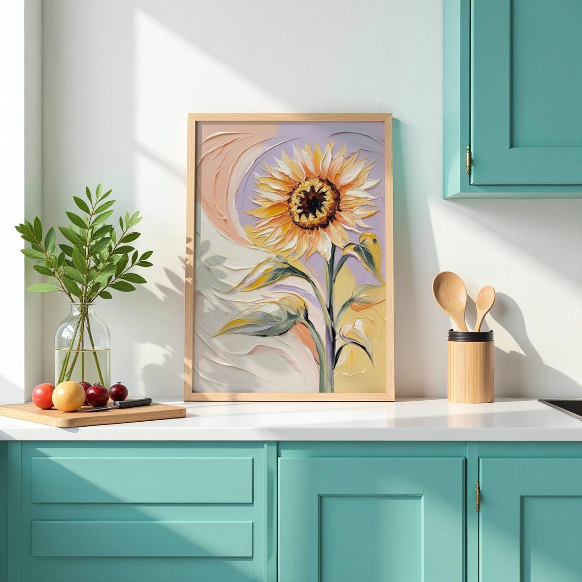 Glowing Pastel Sunflower Impasto Thick Brushstroke Floral Wall Art - Image 3