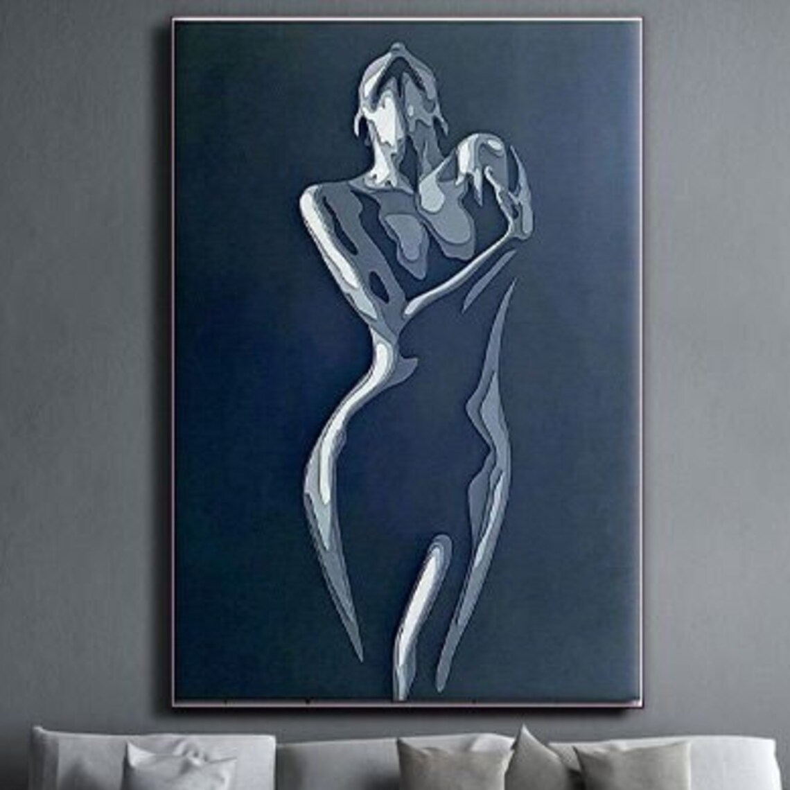 Silver Female Nude Figure Minimalist Line Art Dark Blue Abstract Painting Poster