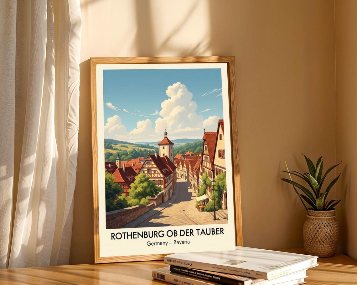 Rothenburg Ob Der Tauber Art Print Blue And Green Red Beige Vintage Travel Poster Bavarian Landscape Living Room Decor