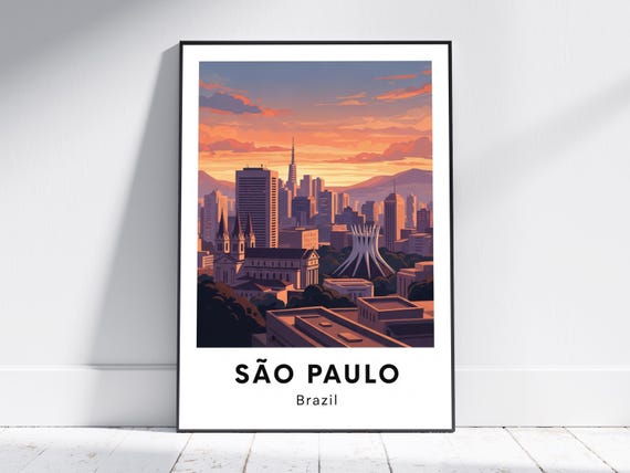 So Paulo Skyline Brazil Travel Poster Orange And Purple Pink Blue Cityscape Modern Urban Art For Living Room Or Office Decor