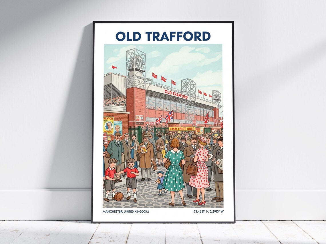 Old Trafford Manchester Stadium Retro Football Matchday Poster