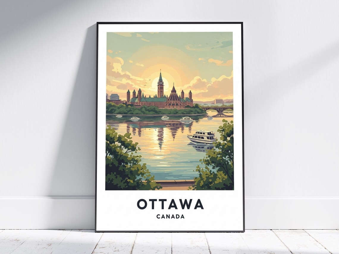 Ottawa Canada Parliament Hill River Sunset Vintage Travel Poster