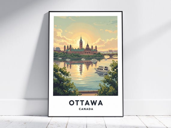 Ottawa Vintage Travel Poster Orange And Teal Cityscape Print Canadian Sunset Art Living Room Office Decor