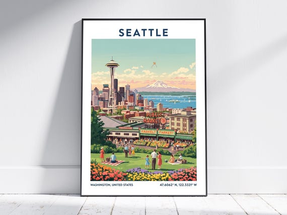 Seattle Washington Usa Travel Poster Vintage Art Print Retro Wall Decor For Home Or Office Modern City Skyline Artwork Gift