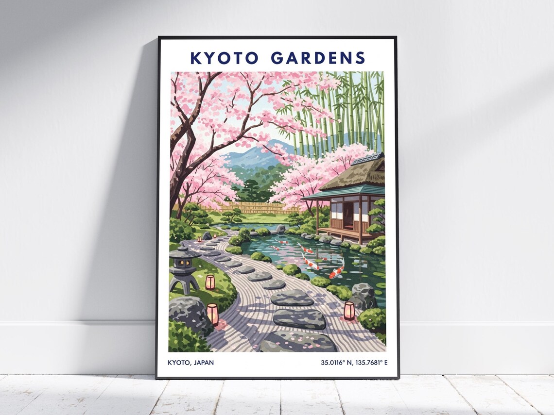 Kyoto Gardens Japan Cherry Blossom Koi Pond Zen Garden Travel Poster
