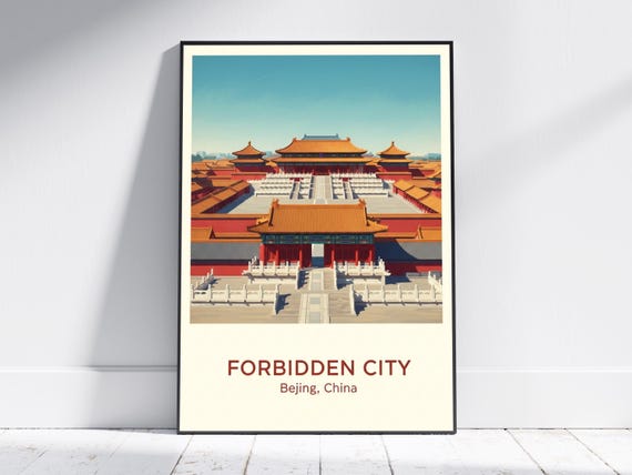 Beijing Forbidden City Poster Red And Orange Blue Wall Art Vintage Oriental Print Historical China Decor For Living Room Or Office