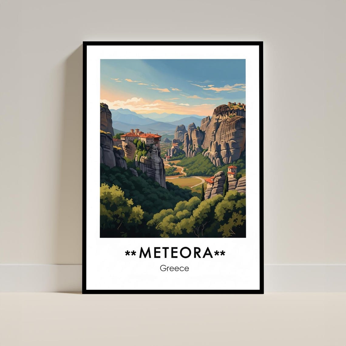 Meteora Greece Travel Poster Monastery Cliffs Vintage Illustration Art