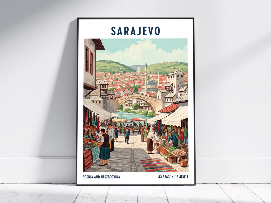 Sarajevo Travel Poster Bosnia Ottoman Bazaar Stone Bridge Scene