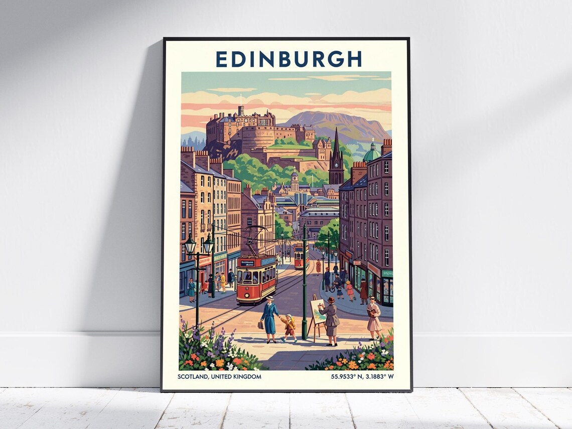Edinburgh Scotland Castle Street Vintage City Landmark Travel Poster