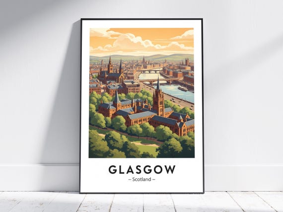 Glasgow Cityscape Art Print Vintage Urban Landscape Poster Orange Green Blue Brown Wall For Living Room Office Decor