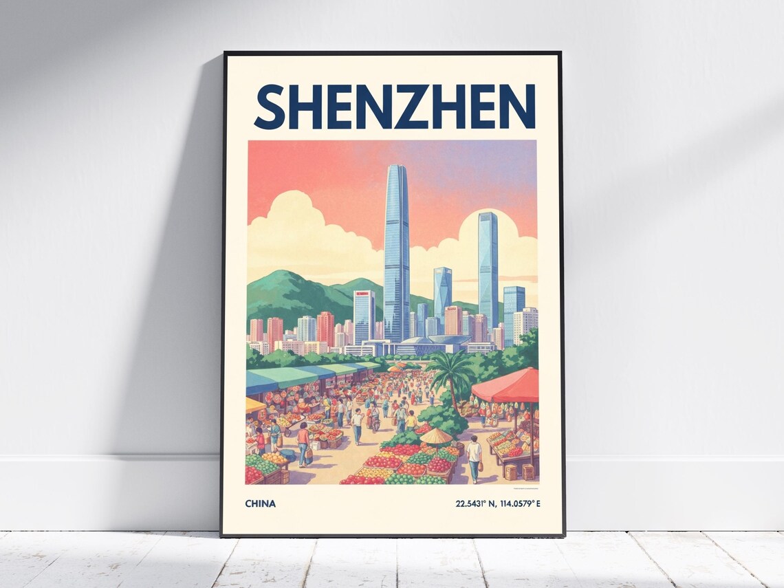 Shenzhen China Modern Skyline Street Market Vintage Travel Poster