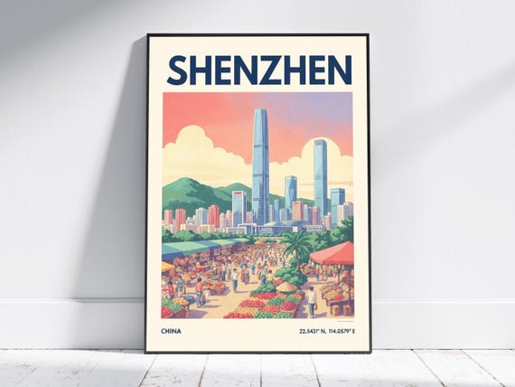Shenzhen China Travel Art Print Vintage Chinese Gouache Poster Cityscape Living Room Or Office Travelers