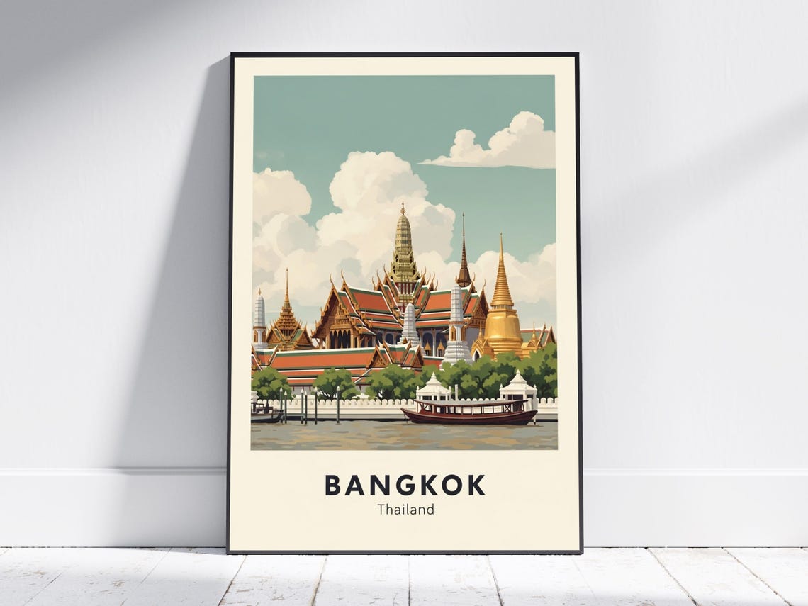 Bangkok Grand Palace Thailand Art Print Teal And Gold Green White Decor Vintage Travel Asian Architecture Poster For Living Room