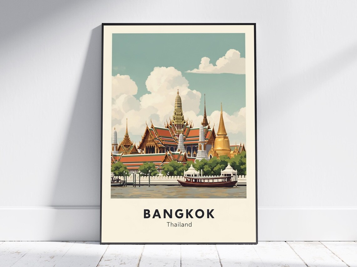 Bangkok Thailand Golden Temple Palace River Boat Travel Poster