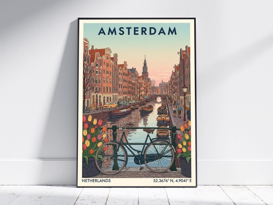 Amsterdam Vintage Netherlands Travel Retro Canal Bicycle Scene Poster
