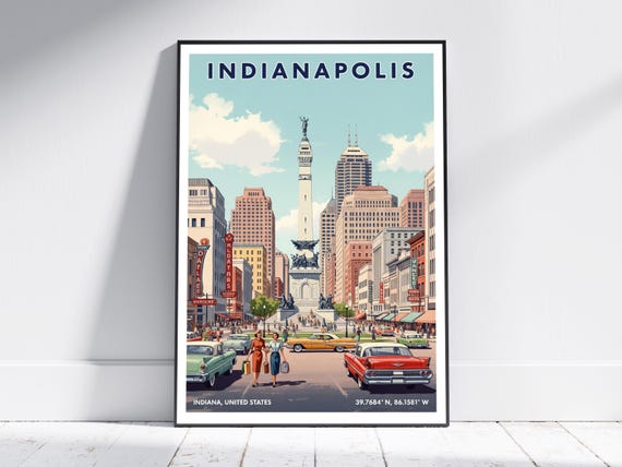 Indianapolis Indiana Usa Travel Poster Vintage City Art Print Retro Wall For Home Or Office Decor Gift Lovers