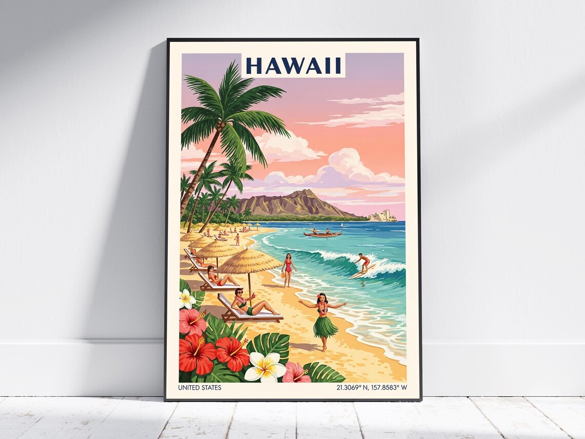 Hawaii Waikiki Beach Diamond Head Sunset Surf Hula Travel Poster