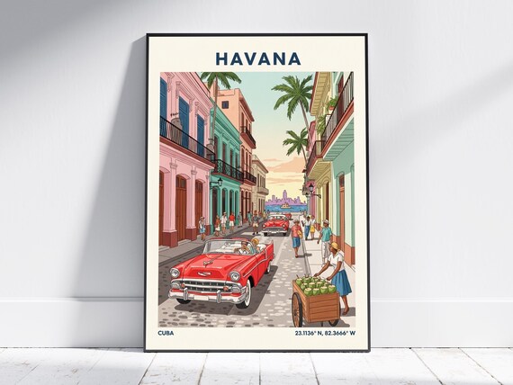 Havana Cuba Classic Car Old Town Street Vintage Travel Poster