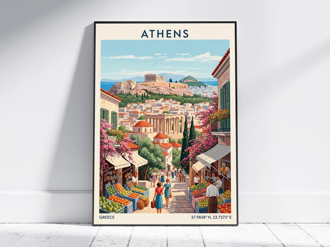 Athens Vintage Greece Travel Retro Acropolis Street Market Poster