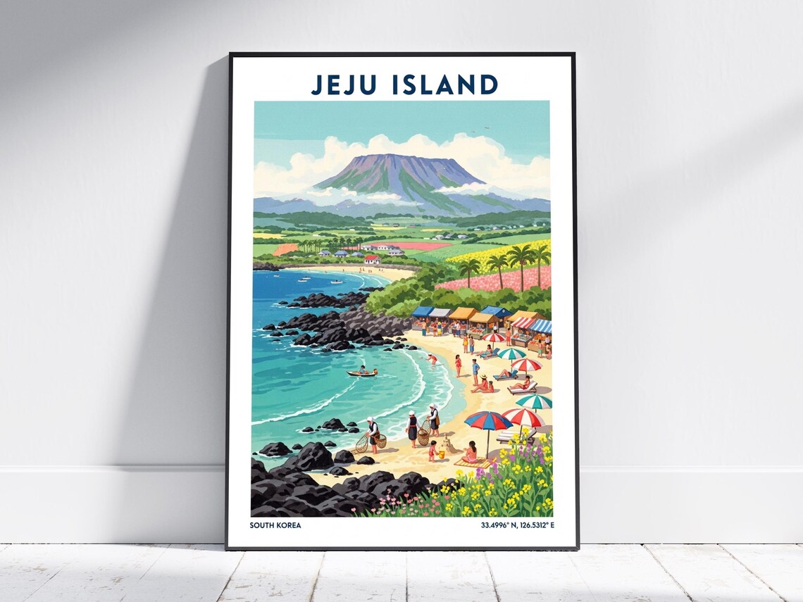 Jeju Island South Korea Vintage Travel Poster Volcano Beach Scene Art