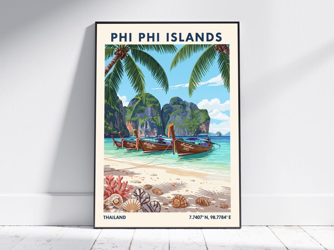 Phi Phi Islands Thailand Longtail Boats Vintage Beach Travel Poster