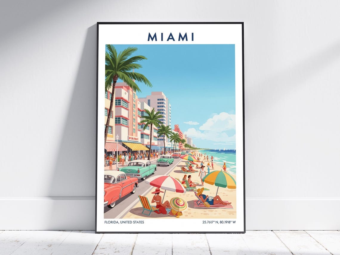 Miami Florida South Beach Art Deco Vintage Retro Travel Poster