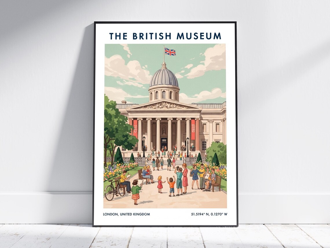 The British Museum London Vintage Travel Poster With Crowd Scene