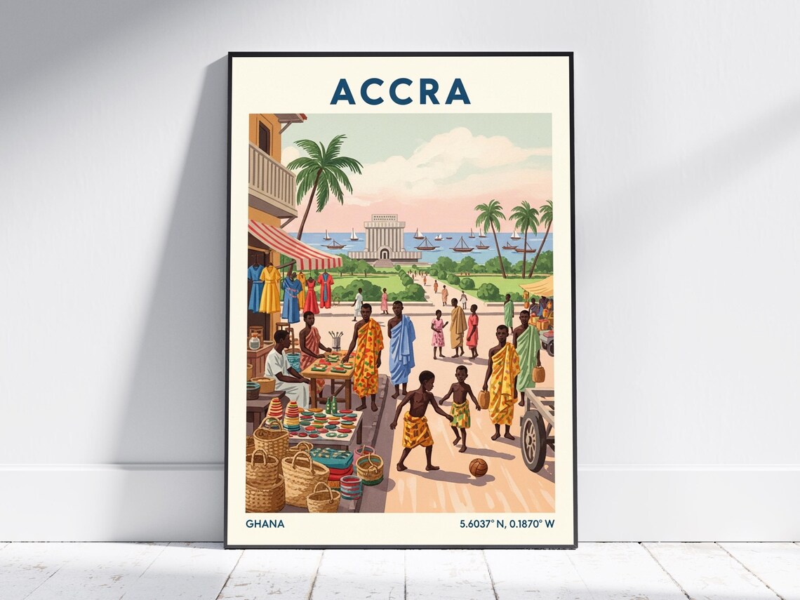 Accra Ghana Market Kente Cloth Vintage African Travel Poster