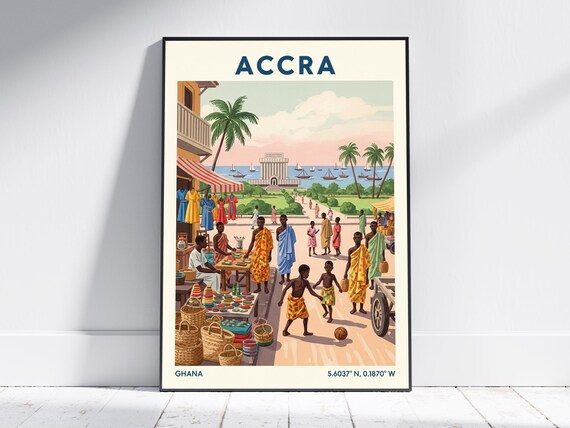 Accra Ghana Market Kente Cloth Vintage African Travel Poster