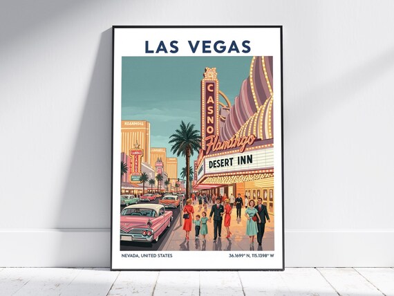 Las Vegas Vintage Strip Flamingo Casino Retro Travel Poster Neon Night Art