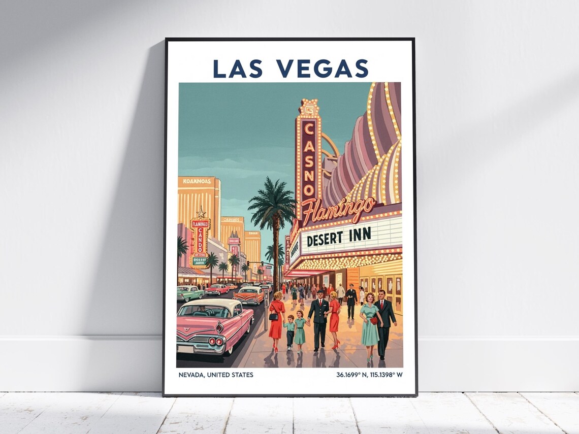Las Vegas Vintage Strip Flamingo Casino Retro Travel Poster Neon Night Art