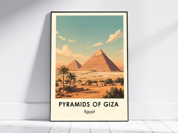 Pyramids Of Giza Egypt Vintage Travel Print Sand Teal Art 1950s Retro Modern Decor For Living Room Or Office