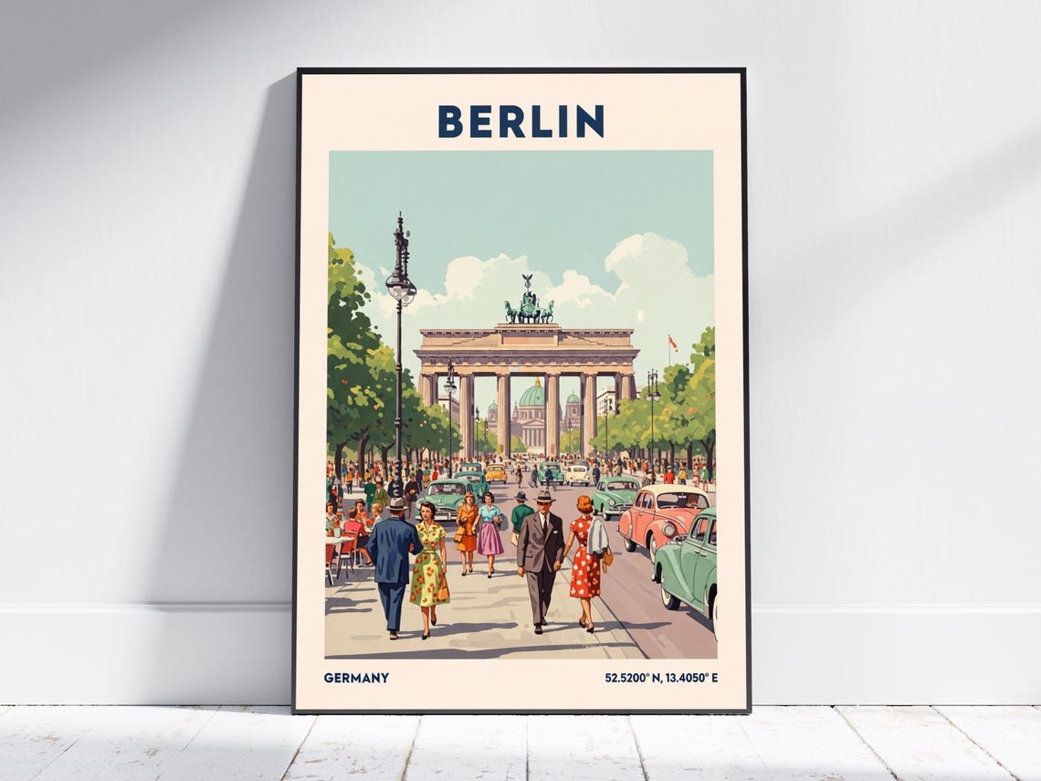Berlin Vintage Brandenburg Gate Germany Street Scene Travel Poster