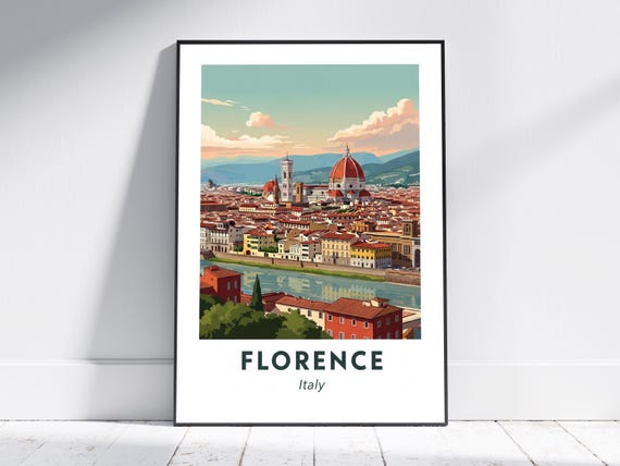 Florence Cityscape Art Print Red Orange Tuscan Sunset Vintage Travel Blue And Green Decor For Living Room Or Office
