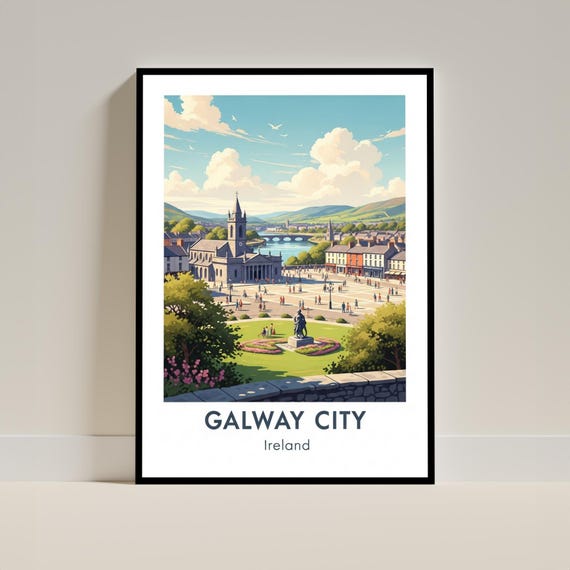 Galway City Art Print Vintage Travel Wall Poster Blue And Green Pink Orange Living Room Office Decor