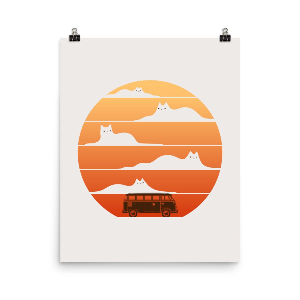 Retro Sunset Cats Lounging Striped Orange Sun Camper Van Cute Poster