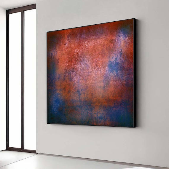 Abstract Wall Decor Rustic Red And Blue Canvas Textured Art Modern Ombre Painting Ready To Hang