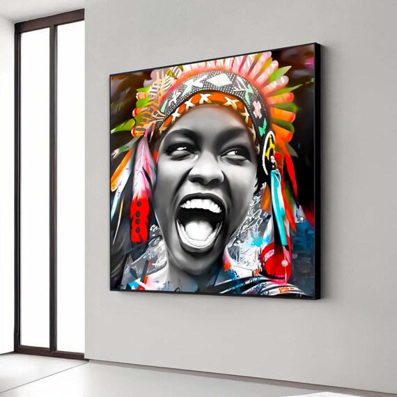 Joyful Woman Feather Headdress Colorful Pop Art Portrait Poster