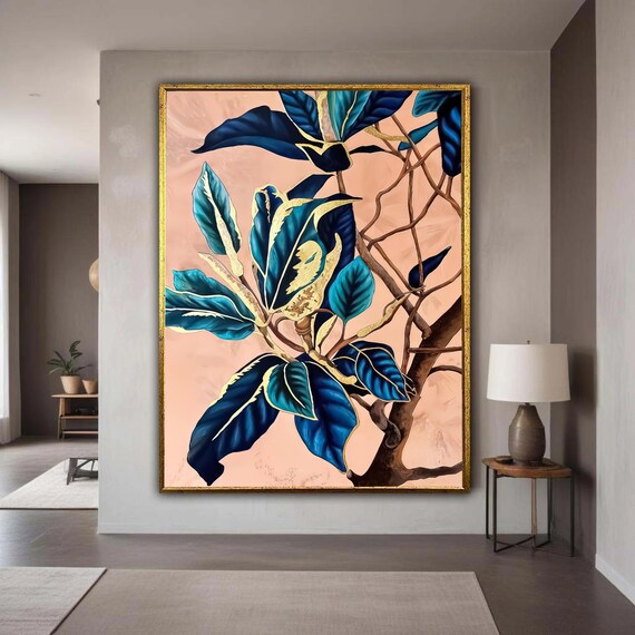 Elegant Blue And Gold Leaves Canvas Botanical Wall Art Modern Nature Print Abstract Floral Home Decor Ready To Hang Gift