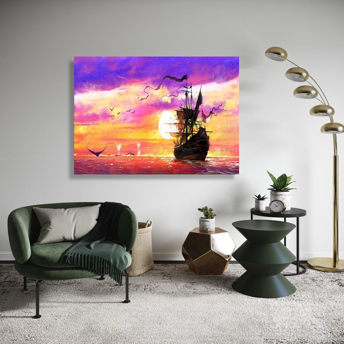 Tall Sailing Ship Sunset Vivid Orange Sea Fantasy Seascape Poster