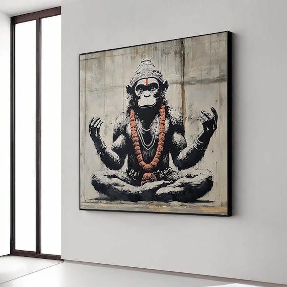 Meditating Monkey Graffiti Canvas Hanuman Street Art Print Monochrome Spiritual Decor Urban Concrete Wall Style Orange Accent Artwork