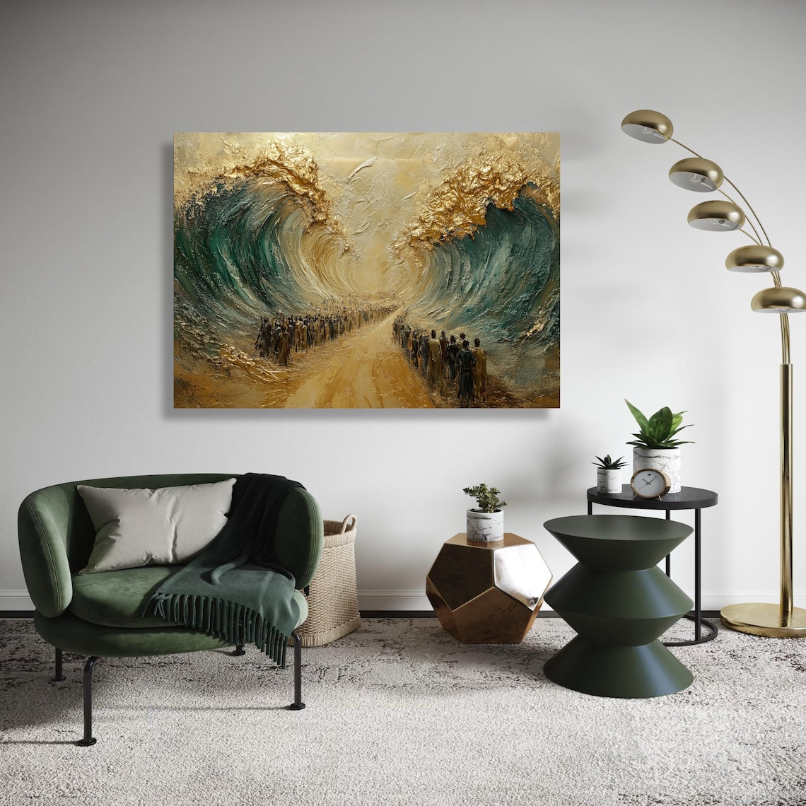 Moses Parting Red Sea Gold Teal Biblical Abstract Faith Art Poster