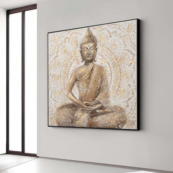 Golden Buddha Meditation Canvas Wall Art Spiritual Decor Zen Peaceful Mandala Design Yoga Room Gift Home