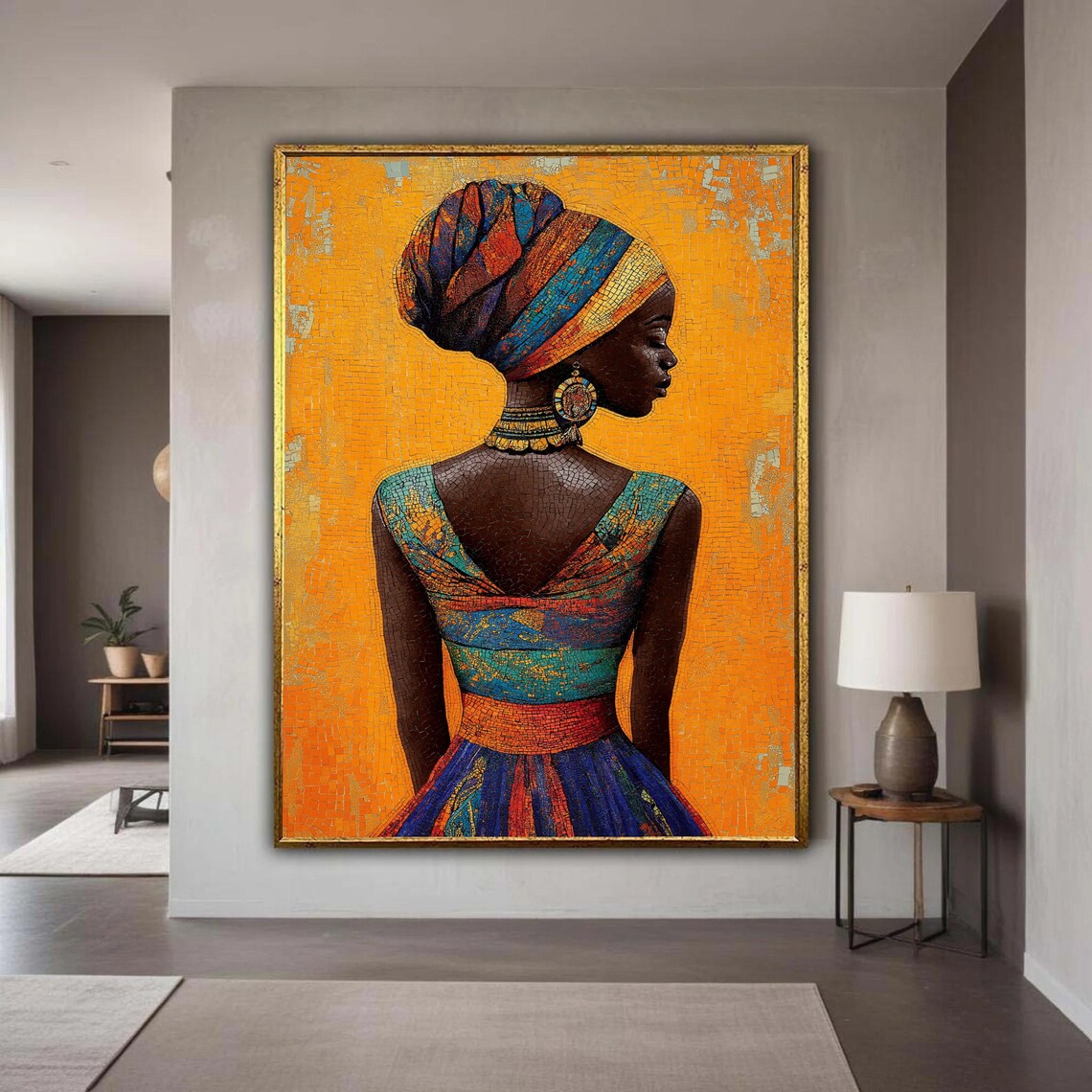 African Woman Colorful Headdress Canvas Mosaic Style Portrait Art Vibrant Cultural Wall Decor Tessellated Look Ethnic Beauty Print