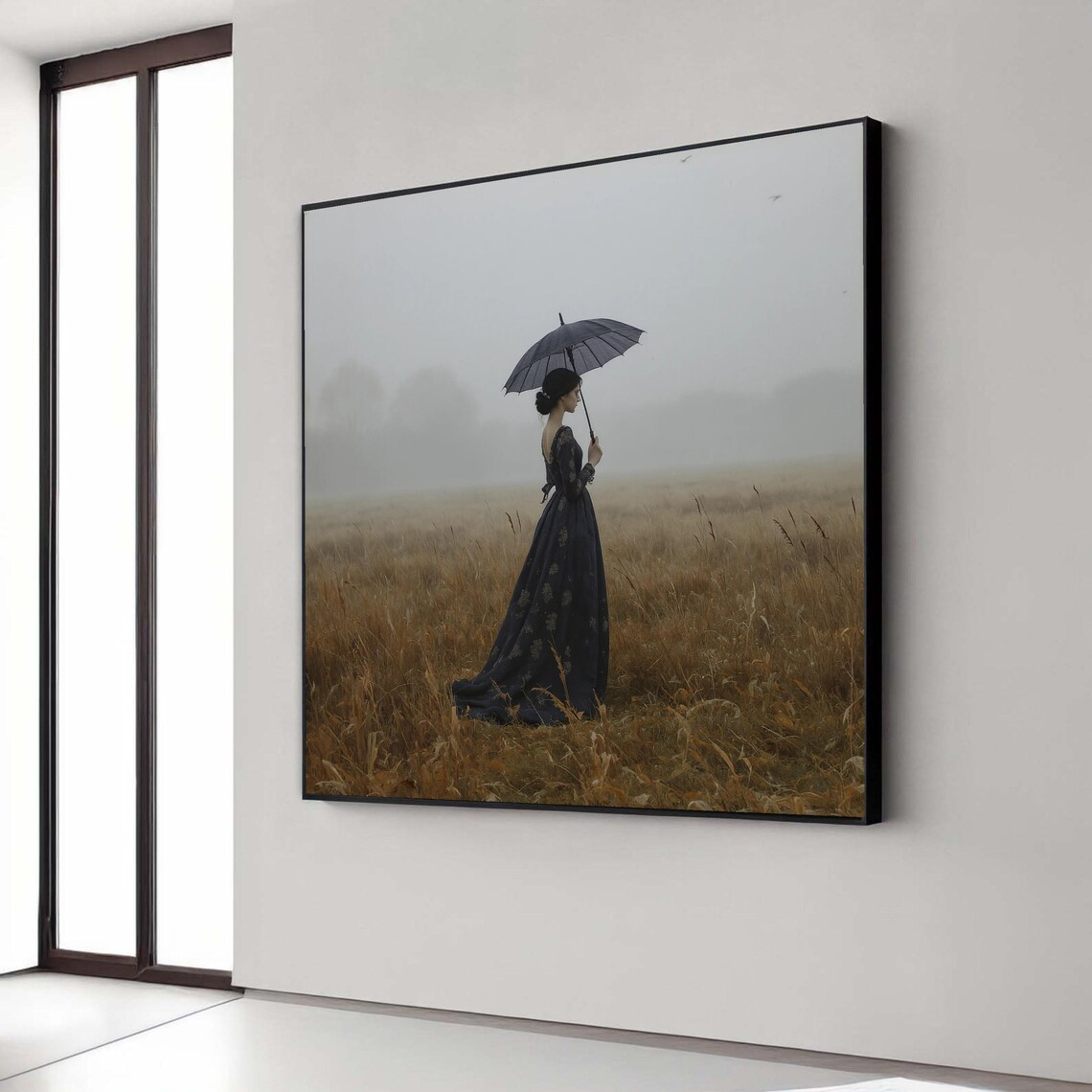 Woman Umbrella Misty Golden Field Vintage Dress Elegant Art Poster