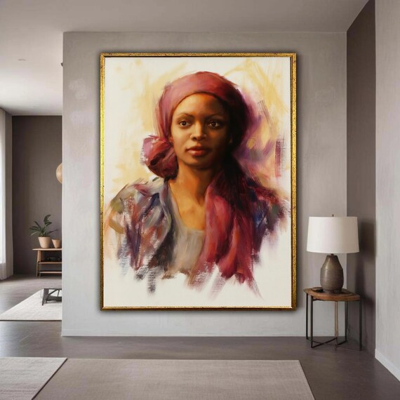 Beautiful Woman in Pink Headscarf Impressionist Portrait Art Poster