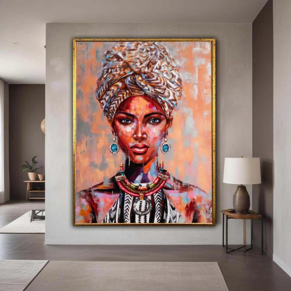 Vibrant African Woman Portrait Canvas Tribal Headwrap Wall Art Ethnic Fine Print Colorful Cultural Decor Gift Home