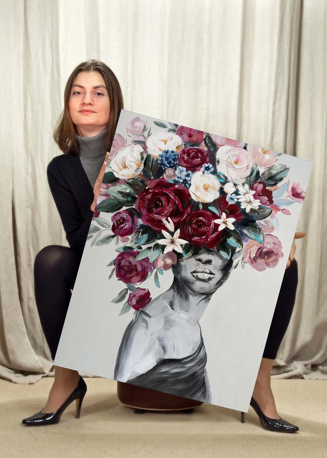 Red Floral Woman Portrait Blooming Bouquet Modern Fashion Art Print