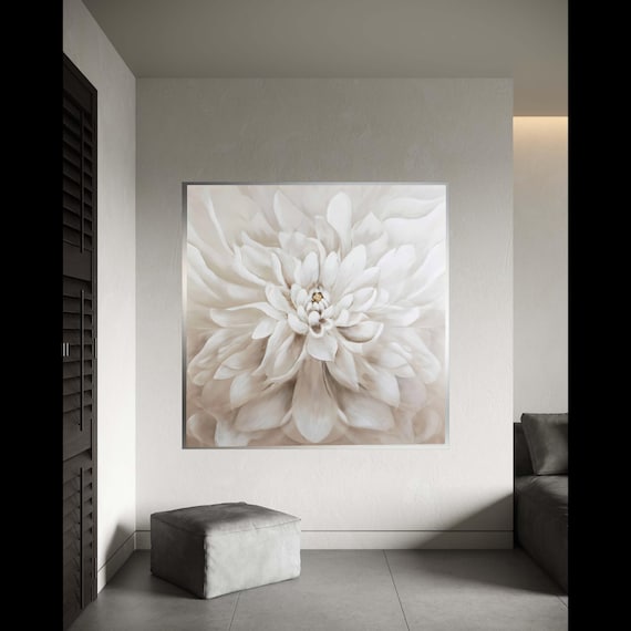 White Dahlia Closeup Bloom Soft Neutral Floral Painting Poster