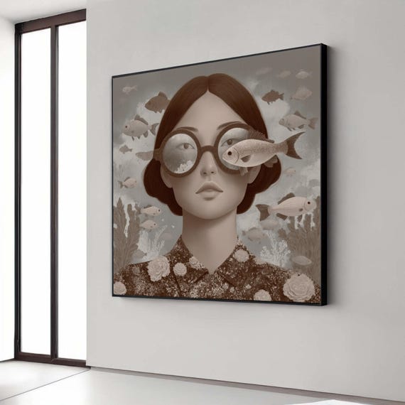 Surreal Underwater Portrait Canvas Woman With Fish Glasses Artistic Ocean Life Wall Art Modern Home Decoration Gift Decor